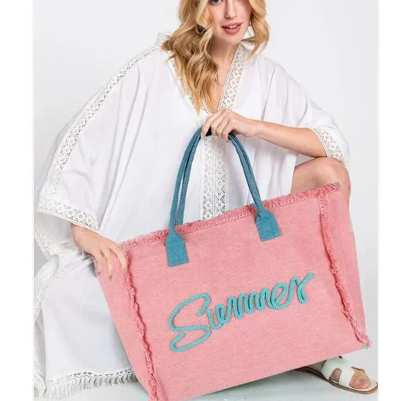 “Summer”‎ Rope Detail Pink & Teal Fringe Beach Tote Bag (NEW W/TAGS & SO CUTE!) - Picture 3 of 5